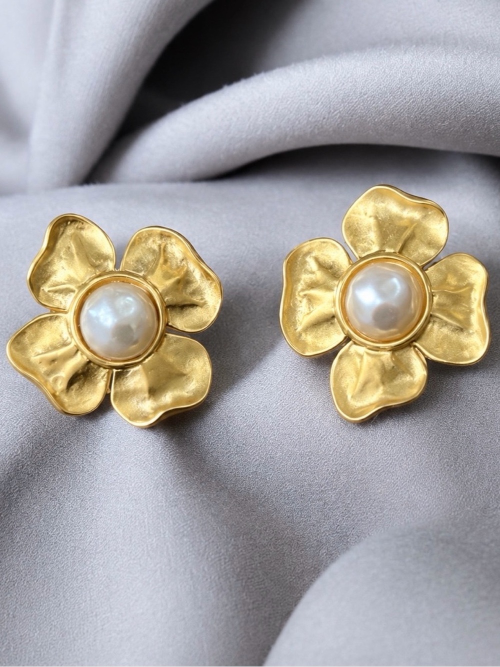 Vintage GIVENCHY Pearl Flower Clip On Earrings Gold Tone Signed Couture Bridal